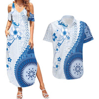 Bula Fiji Couples Matching Summer Maxi Dress and Hawaiian Shirt Blue Plumeria Masi Tapa Pattern LT05 Blue - Polynesian Pride