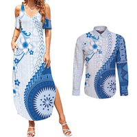 Bula Fiji Couples Matching Summer Maxi Dress and Long Sleeve Button Shirt Blue Plumeria Masi Tapa Pattern - Polynesian Pride