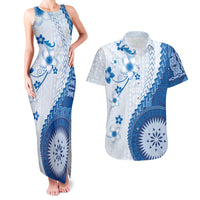 Bula Fiji Couples Matching Tank Maxi Dress and Hawaiian Shirt Blue Plumeria Masi Tapa Pattern LT05 Blue - Polynesian Pride
