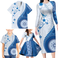 Bula Fiji Family Matching Long Sleeve Bodycon Dress and Hawaiian Shirt Blue Plumeria Masi Tapa Pattern - Polynesian Pride