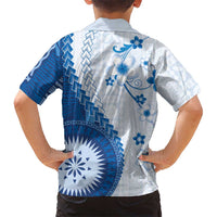Bula Fiji Family Matching Off The Shoulder Long Sleeve Dress and Hawaiian Shirt Blue Plumeria Masi Tapa Pattern - Polynesian Pride