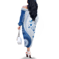 Bula Fiji Family Matching Off The Shoulder Long Sleeve Dress and Hawaiian Shirt Blue Plumeria Masi Tapa Pattern - Polynesian Pride