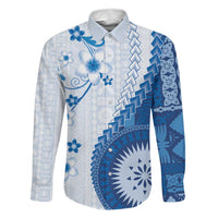 Bula Fiji Family Matching Off Shoulder Short Dress and Hawaiian Shirt Blue Plumeria Masi Tapa Pattern - Polynesian Pride