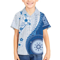 Bula Fiji Family Matching Off Shoulder Short Dress and Hawaiian Shirt Blue Plumeria Masi Tapa Pattern - Polynesian Pride