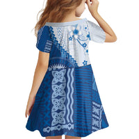 Bula Fiji Family Matching Short Sleeve Bodycon Dress and Hawaiian Shirt Blue Plumeria Masi Tapa Pattern - Polynesian Pride