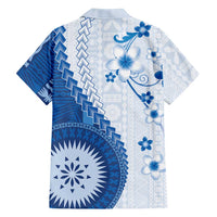 Bula Fiji Family Matching Short Sleeve Bodycon Dress and Hawaiian Shirt Blue Plumeria Masi Tapa Pattern - Polynesian Pride