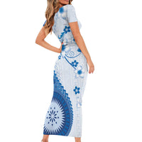 Bula Fiji Family Matching Short Sleeve Bodycon Dress and Hawaiian Shirt Blue Plumeria Masi Tapa Pattern - Polynesian Pride