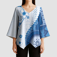 Bula Fiji Kimono Sleeve Blouse Blue Plumeria Masi Tapa Pattern - Polynesian Pride