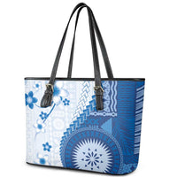 Bula Fiji Leather Tote Bag Blue Plumeria Masi Tapa Pattern LT05 - Polynesian Pride