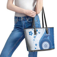 Bula Fiji Leather Tote Bag Blue Plumeria Masi Tapa Pattern LT05 - Polynesian Pride