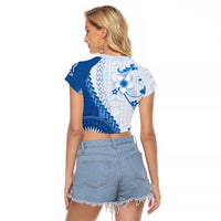 Bula Fiji Raglan Cropped T Shirt Blue Plumeria Masi Tapa Pattern - Polynesian Pride