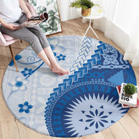 Bula Fiji Round Carpet Blue Plumeria Masi Tapa Pattern LT05 - Polynesian Pride