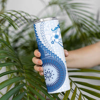 Bula Fiji Skinny Tumbler Blue Plumeria Masi Tapa Pattern - Polynesian Pride