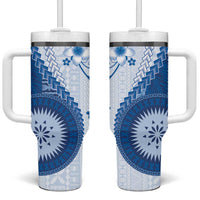 Bula Fiji Tumbler With Handle Blue Plumeria Masi Tapa Pattern LT05 One Size: 40 oz Blue - Polynesian Pride