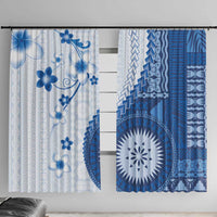 Bula Fiji Window Curtain Blue Plumeria Masi Tapa Pattern LT05 With Hooks Blue - Polynesian Pride