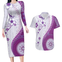 Bula Fiji Couples Matching Long Sleeve Bodycon Dress and Hawaiian Shirt Violet Plumeria Masi Tapa Pattern - Polynesian Pride