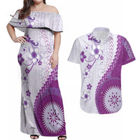 Bula Fiji Couples Matching Off Shoulder Maxi Dress and Hawaiian Shirt Violet Plumeria Masi Tapa Pattern - Polynesian Pride