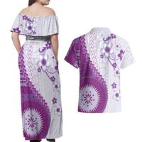 Bula Fiji Couples Matching Off Shoulder Maxi Dress and Hawaiian Shirt Violet Plumeria Masi Tapa Pattern LT05 - Polynesian Pride
