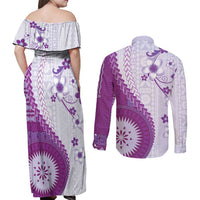 Bula Fiji Couples Matching Off Shoulder Maxi Dress and Long Sleeve Button Shirt Violet Plumeria Masi Tapa Pattern - Polynesian Pride