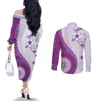 Bula Fiji Couples Matching Off The Shoulder Long Sleeve Dress and Long Sleeve Button Shirt Violet Plumeria Masi Tapa Pattern - Polynesian Pride