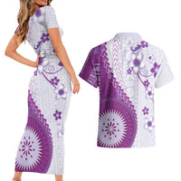Bula Fiji Couples Matching Short Sleeve Bodycon Dress and Hawaiian Shirt Violet Plumeria Masi Tapa Pattern - Polynesian Pride