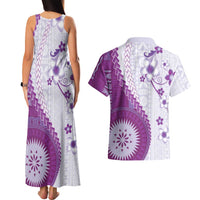 Bula Fiji Couples Matching Tank Maxi Dress and Hawaiian Shirt Violet Plumeria Masi Tapa Pattern LT05 - Polynesian Pride