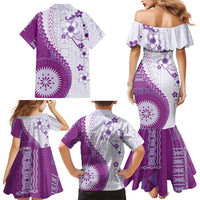 Bula Fiji Family Matching Mermaid Dress and Hawaiian Shirt Violet Plumeria Masi Tapa Pattern - Polynesian Pride
