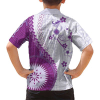 Bula Fiji Family Matching Off Shoulder Maxi Dress and Hawaiian Shirt Violet Plumeria Masi Tapa Pattern - Polynesian Pride