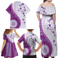 Bula Fiji Family Matching Off Shoulder Maxi Dress and Hawaiian Shirt Violet Plumeria Masi Tapa Pattern - Polynesian Pride