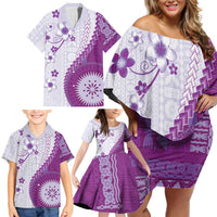 Bula Fiji Family Matching Off Shoulder Short Dress and Hawaiian Shirt Violet Plumeria Masi Tapa Pattern - Polynesian Pride