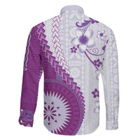 Bula Fiji Family Matching Off Shoulder Short Dress and Hawaiian Shirt Violet Plumeria Masi Tapa Pattern - Polynesian Pride