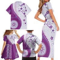 Bula Fiji Family Matching Short Sleeve Bodycon Dress and Hawaiian Shirt Violet Plumeria Masi Tapa Pattern - Polynesian Pride