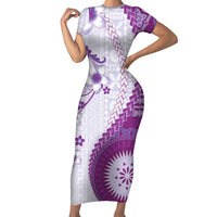 Bula Fiji Family Matching Short Sleeve Bodycon Dress and Hawaiian Shirt Violet Plumeria Masi Tapa Pattern LT05 Mom's Dress Violet - Polynesian Pride