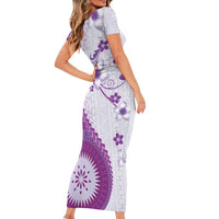 Bula Fiji Family Matching Short Sleeve Bodycon Dress and Hawaiian Shirt Violet Plumeria Masi Tapa Pattern - Polynesian Pride
