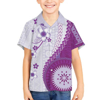 Bula Fiji Family Matching Short Sleeve Bodycon Dress and Hawaiian Shirt Violet Plumeria Masi Tapa Pattern - Polynesian Pride