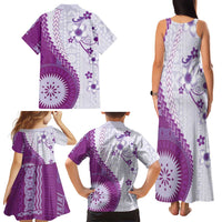 Bula Fiji Family Matching Tank Maxi Dress and Hawaiian Shirt Violet Plumeria Masi Tapa Pattern - Polynesian Pride