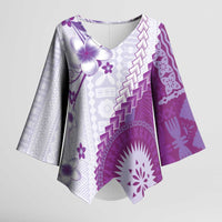 Bula Fiji Kimono Sleeve Blouse Violet Plumeria Masi Tapa Pattern - Polynesian Pride