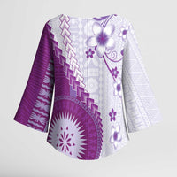 Bula Fiji Kimono Sleeve Blouse Violet Plumeria Masi Tapa Pattern - Polynesian Pride