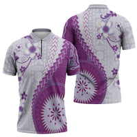 Bula Fiji Zipper Polo Shirt Violet Plumeria Masi Tapa Pattern - Polynesian Pride