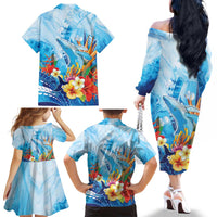 Polynesia Humpback Whale Family Matching Off The Shoulder Long Sleeve Dress and Hawaiian Shirt Ocean Style
