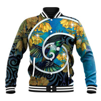 New Zealand Tui Bird Baseball Jacket Maori Koru With Kowhai Flowers