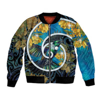 New Zealand Tui Bird Bomber Jacket Maori Koru With Kowhai Flowers