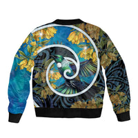 New Zealand Tui Bird Bomber Jacket Maori Koru With Kowhai Flowers