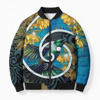 New Zealand Tui Bird Bomber Puffer Jacket Maori Koru With Kowhai Flowers