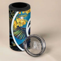New Zealand Tui Bird 4 in 1 Can Cooler Tumbler Maori Koru With Kowhai Flowers