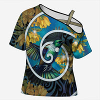 New Zealand Tui Bird Cross Shoulder Shirt Maori Koru With Kowhai Flowers LT05 Female Black - Polynesian Pride