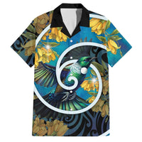 New Zealand Tui Bird Family Matching Off Shoulder Maxi Dress and Hawaiian Shirt Maori Koru With Kowhai Flowers LT05 Dad's Shirt - Short Sleeve Black - Polynesian Pride