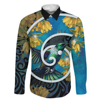New Zealand Tui Bird Family Matching Off Shoulder Short Dress and Hawaiian Shirt Maori Koru With Kowhai Flowers LT05 Dad's Shirt - Long Sleeve Black - Polynesian Pride