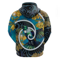 New Zealand Tui Bird Hoodie Maori Koru With Kowhai Flowers