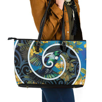 New Zealand Tui Bird Leather Tote Bag Maori Koru With Kowhai Flowers LT05 - Polynesian Pride